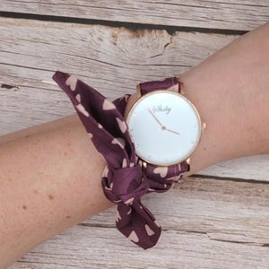Elegant Watch with Purple Bracelet and Little Pink Hearts | Scarf Watch | Ribbon Watch | Fabric Bracelet Watch | Watch with Cotton Bracelet