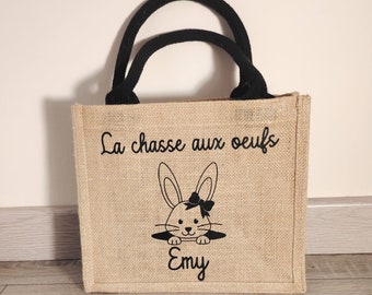 Sac de Pâques enfant personnalisé | Sac toile de jute lapin de Pâques | Sac de Pâques lapin | Sac de Pâques prénom | modèle fille