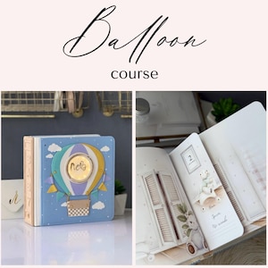 Könnte beinhalten: Ein Baby-Erinnerungsbuch mit blauem Einband mit einem Heißluftballon-Design. Das Buch hat einen goldfarbenen Rahmen mit dem Wort "neb" darin. Die Innenseiten des Buches zeigen Illustrationen von Teddybären und anderen babybezogenen Bildern. Der Text "Balloon course" steht über dem Buch.