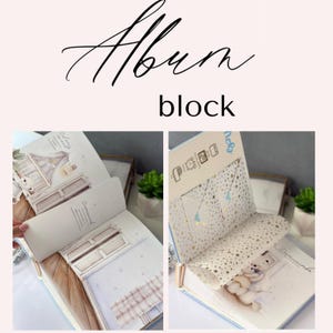 May include: A baby memory book with the word "Album" in cursive script and the word "block" in a sans-serif font. The book has illustrations of a crib and a teddy bear. The inside pages have a light blue border.