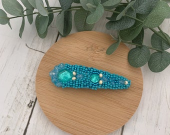 Hair clip - Bead embroidery - Big hairclip - Colorful - Blue - Turquoise - Hair Accessory