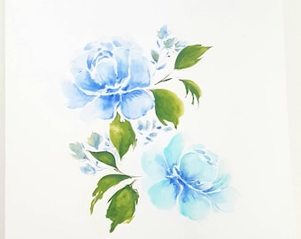 Peinture aquarelle, fleurs bleues, feuille, nature, A4, original, handmade, blue flower, art