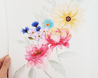 Peinture aquarelle, fleurs colorées, art floral, aquarelle pailletée,  original, feuilles