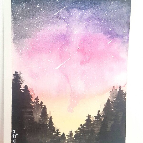 Peinture aquarelle, ciel étoilé, arbre, sapin, étoile filante, couleur, pinceau, fait-main, unique