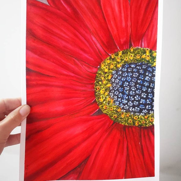 Peinture aquarelle fleur rouge, A4, modèle original, art