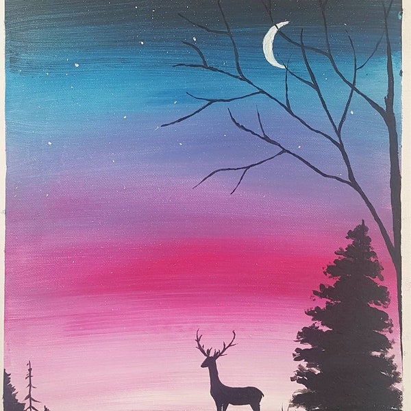 Peinture acrylique, cerf, coucher de soleil, forêt, sapin, unique, fait-main, homework, tableau,  lune