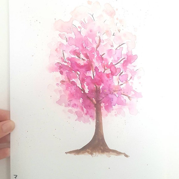 Peinture aquarelle, arbre , cerisier, sakura, homemade,rose, cadeau original, unique, Japon,A4