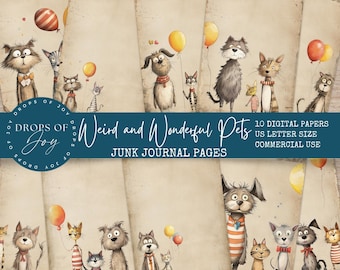Whimsical Pet Junk Journal Paper – Cats & Dogs, Animal Art (Digital Download)