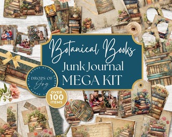 Books and Botanicals Junk Journal Kit – Vintage Ephemera, Library Theme (Digital Download)