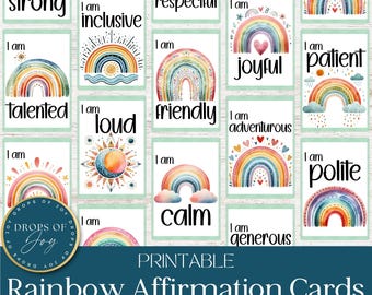 Boho Rainbow Affirmation Cards for Girls | 32 Daily Inspiration Notes (Digital Download)