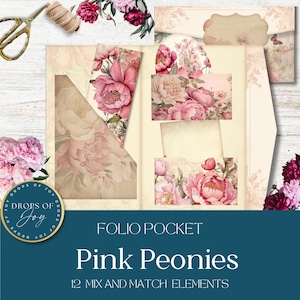 Pink Peonies Junk Journal Folio Pocket - Floral Ephemera - Peony Junk Journal Kit - Nature Printable - Vintage Folio Kit - Pink Scrapbooking