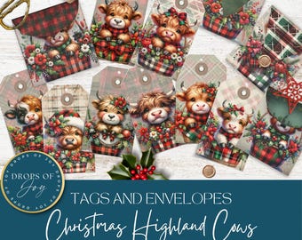 Christmas Highland Cow Junk Journal Tags - Cute Printable Ephemera (Digital Download)