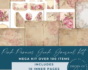 Pink Peonies Junk Journal Kit – Floral Ephemera, Scrapbook Paper (Digital Download)