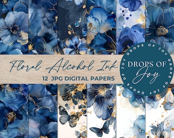 Papel floral azul marino con tinta al alcohol – Álbum de recortes y diario (Descarga digital)