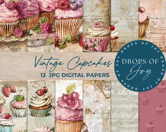 Vintage Cupcake Digital Paper – 12 Sweet Treat Backgrounds (Digital Download)