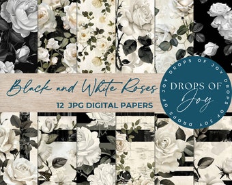 Vintage Black & White Rose Digital Paper – Botanical Printables (Digital Download)