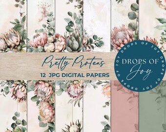 Protea Floral Digital Paper – Vintage Botanical Scrapbook (Digital Download)