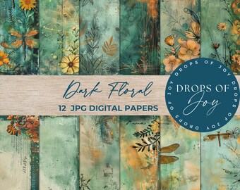 Papel digital floral oscuro – Imprimibles botánicos grunge (12x12, JPG)