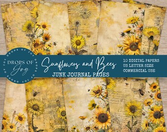 Papel de diario basura con diseño de girasoles y abejas: imprimible floral, álbum de recortes (descarga digital)