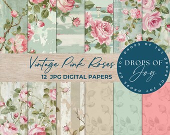 Papel digital rosa vintage: fondos florales shabby chic (descarga digital)