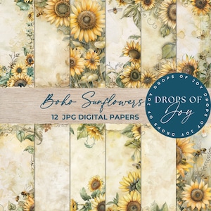 Boho Sunflowers Digital Paper - Scrapbook Papers - Junk Journal - Wedding Stationery - Floral - Printable Papers - Digital Papers