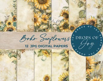 Papel digital Boho Sunflower: 12 diseños florales en formato JPG (descarga digital)