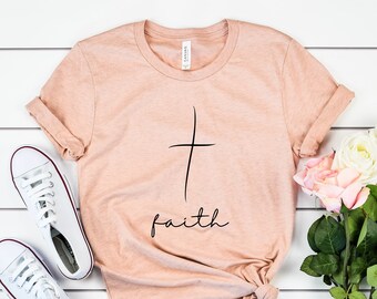 Shirt met verticaal kruis Faith, canvas T-shirt Christian Bella
