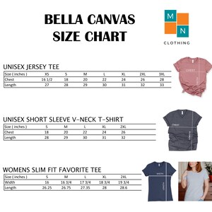 May include: Size chart for Bella Canvas unisex jersey and short sleeve v-neck t-shirts, and women's slim fit favorite tee. The chart shows sizes in inches, with measurements for chest, length, width, and length.