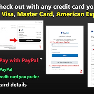May include: A visual guide on how to pay with PayPal or a credit card on Etsy. The image shows three steps: 1. Click "Pay with PayPal", 2. Log in to your PayPal account or pay with your debit or credit card, 3. Enter your card details.