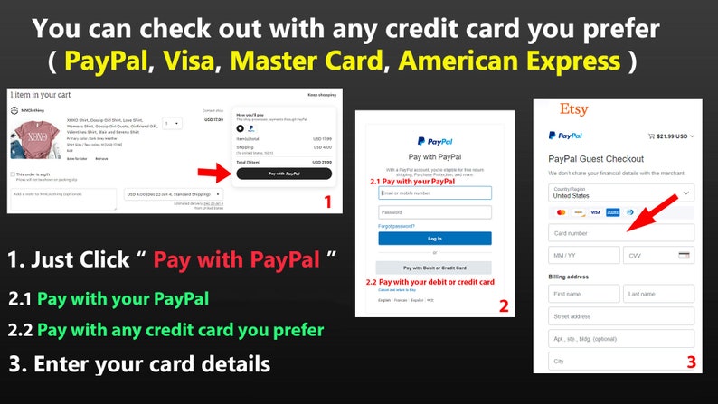 May include: A visual guide on how to pay with PayPal or a credit card on Etsy. The image shows three steps: 1. Click "Pay with PayPal", 2. Log in to your PayPal account or pay with your debit or credit card, 3. Enter your card details.