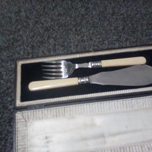 Puede incluir: Un tenedor y un cuchillo de plata con mangos de marfil se muestran en una caja forrada de terciopelo negro. La caja tiene un borde blanco y un interior blanco.