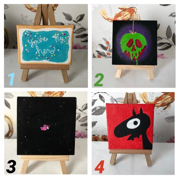 Mini hand painted canvas - Disney Wreck it Ralph cookie, Snow White Poison apple, Among us, Luci Disenchantment