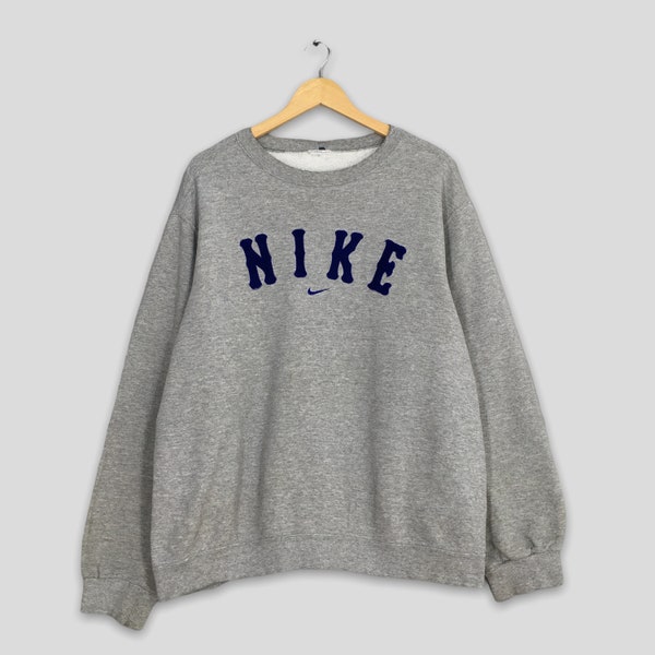 Vintage 1990s Nike Grey Sweater Crewneck Jumper Embroidered Spell-Out Logo Large