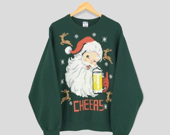 ZygoticVintage Santa Claus Christmas Cheers Jumper Green Crewneck Large Vintage 2000s You Better Good Goodness Sake Xmas Sweaters 90s Sweatshirts Size L