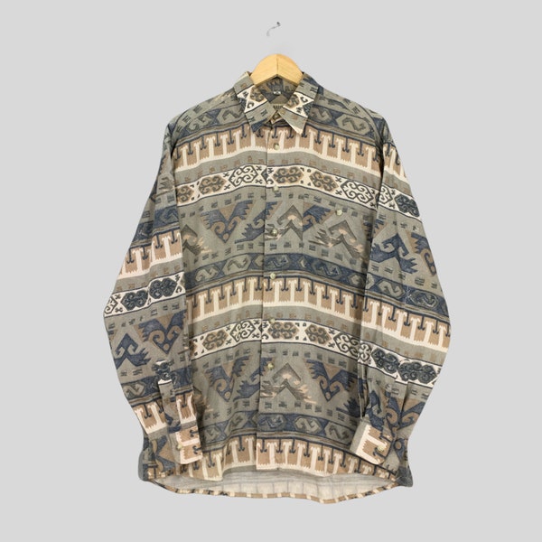 Vintage 90's Psychedelic Aztec Navajo Oxfords Shirt Medium Tribal Navajo Abstract Retro Pattern Western Shirt Buttondown Shirt Size M