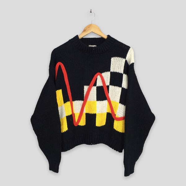 Vintage 80s Hand Knit Multicolor Acrylic Sweatshirt Large Hand Knit England Abstract Knit Pullover Black Jumper Knitwear Size L