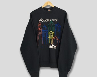 Vintage Kansas City Black Sweatshirt XLarge 90s Kansas Multicolor Graphic Jumper Kansas State Building Sweater Kansas Usa Pullover Size XL