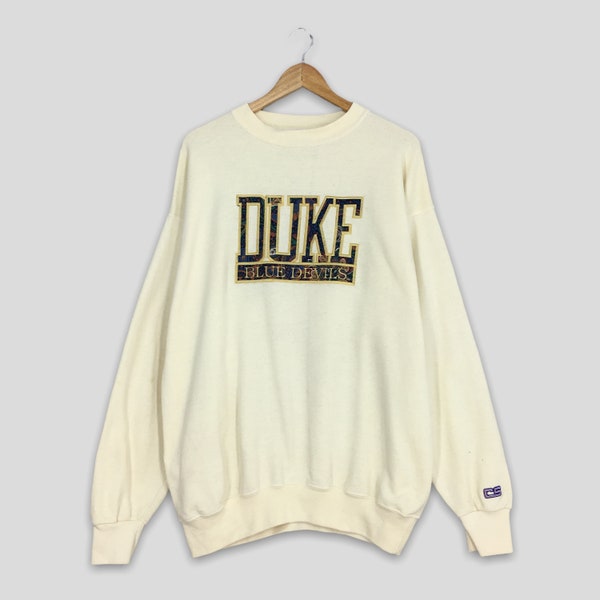 Vintage Duke University sudadera blanca grande Duke Blue Devils bordado deletrear jersey Duke Ncaa Jumper Duke Sports suéter tamaño L