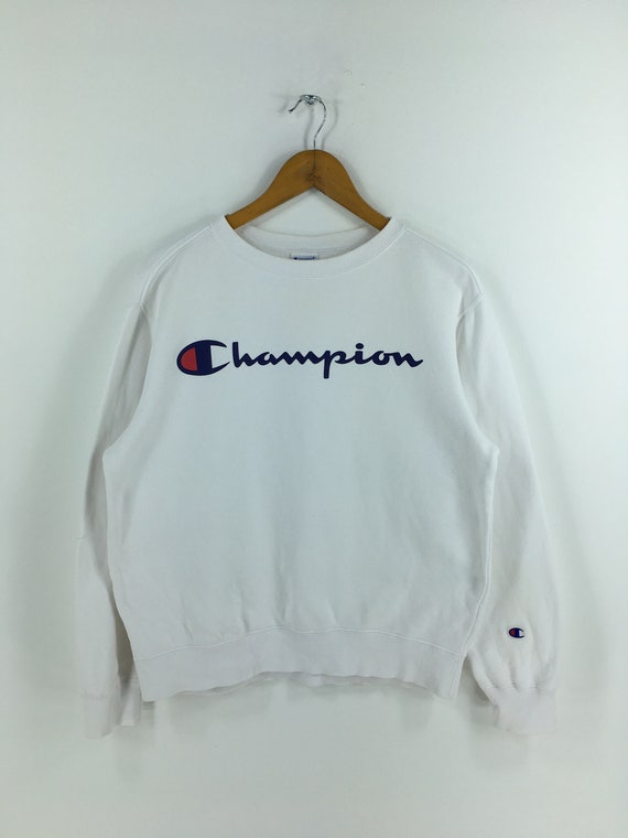 Champion Script Logo White Jumper Medium Vintage 9