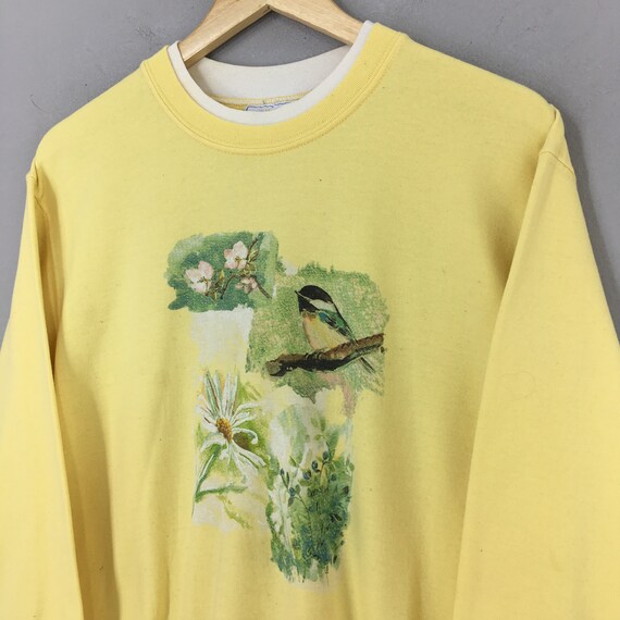 Vintage 90s Morning Sun Birds Yellow Sweatshirt M… - image 3