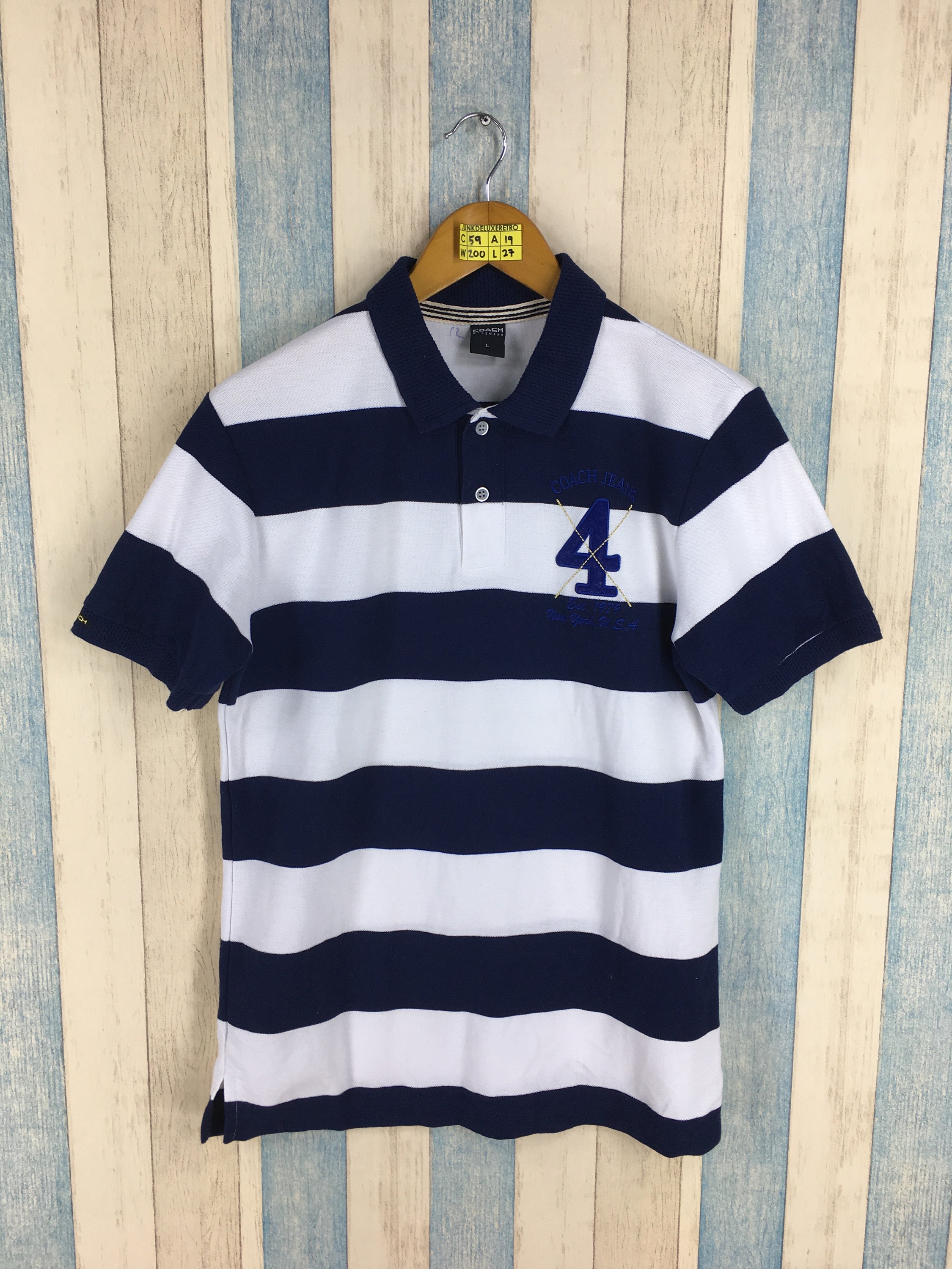 Vintage Coach Menswear Polo Stripes White Blue Shirt Size Etsy