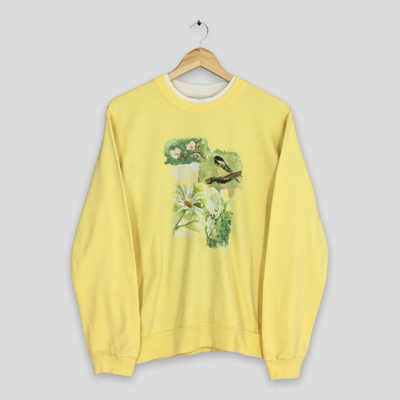 Vintage 90s Morning Sun Birds Yellow Sweatshirt M… - image 1
