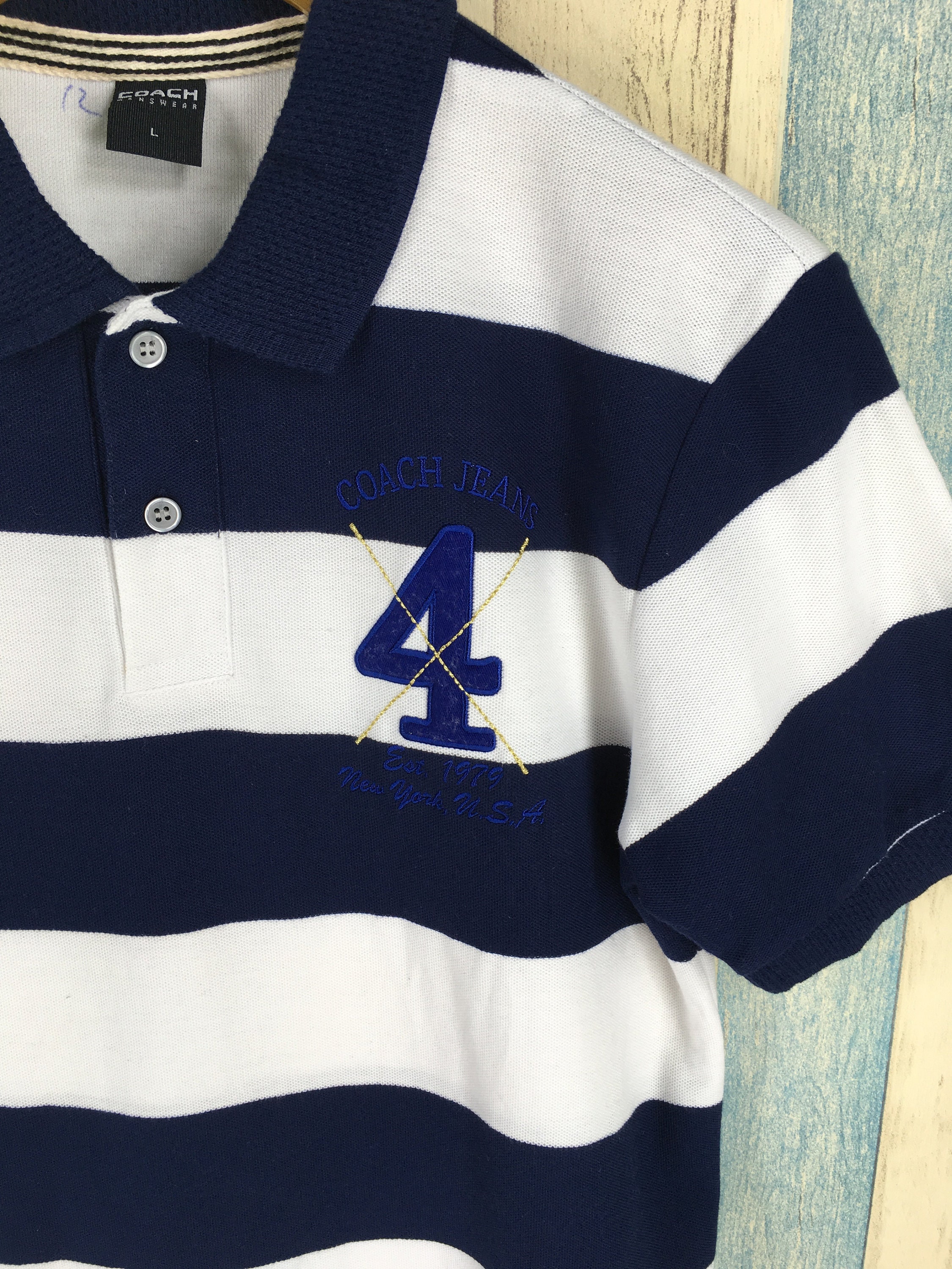 Vintage Coach Menswear Polo Stripes White Blue Shirt Size Etsy