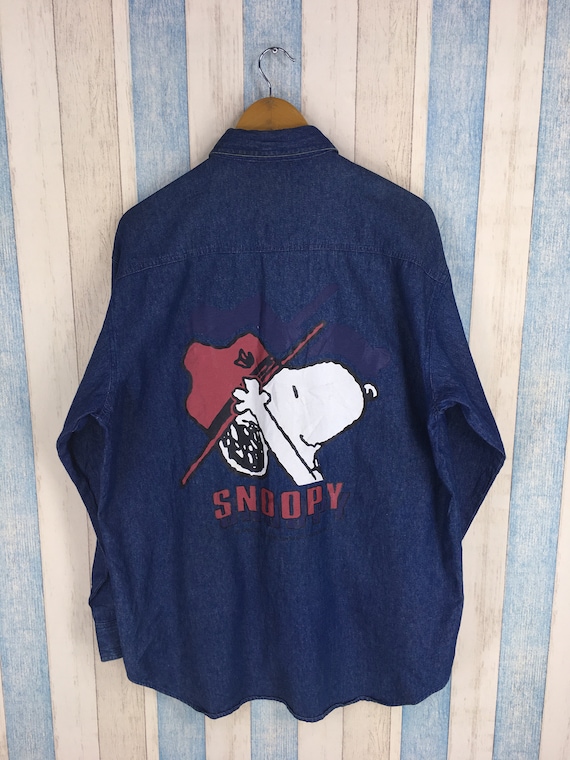 SNOOPY Woodstock Denim Blue Shirt Large Vintage 90/'s Snoopy Joe Cool Peanuts Cartoon Snoopy Comic Strip Blue Denim Jeans Oxfords Size L