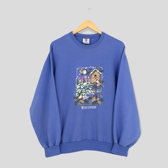 Vintage Wisconsin Bird Graphic Purple Sweatshirt Medium Vintage