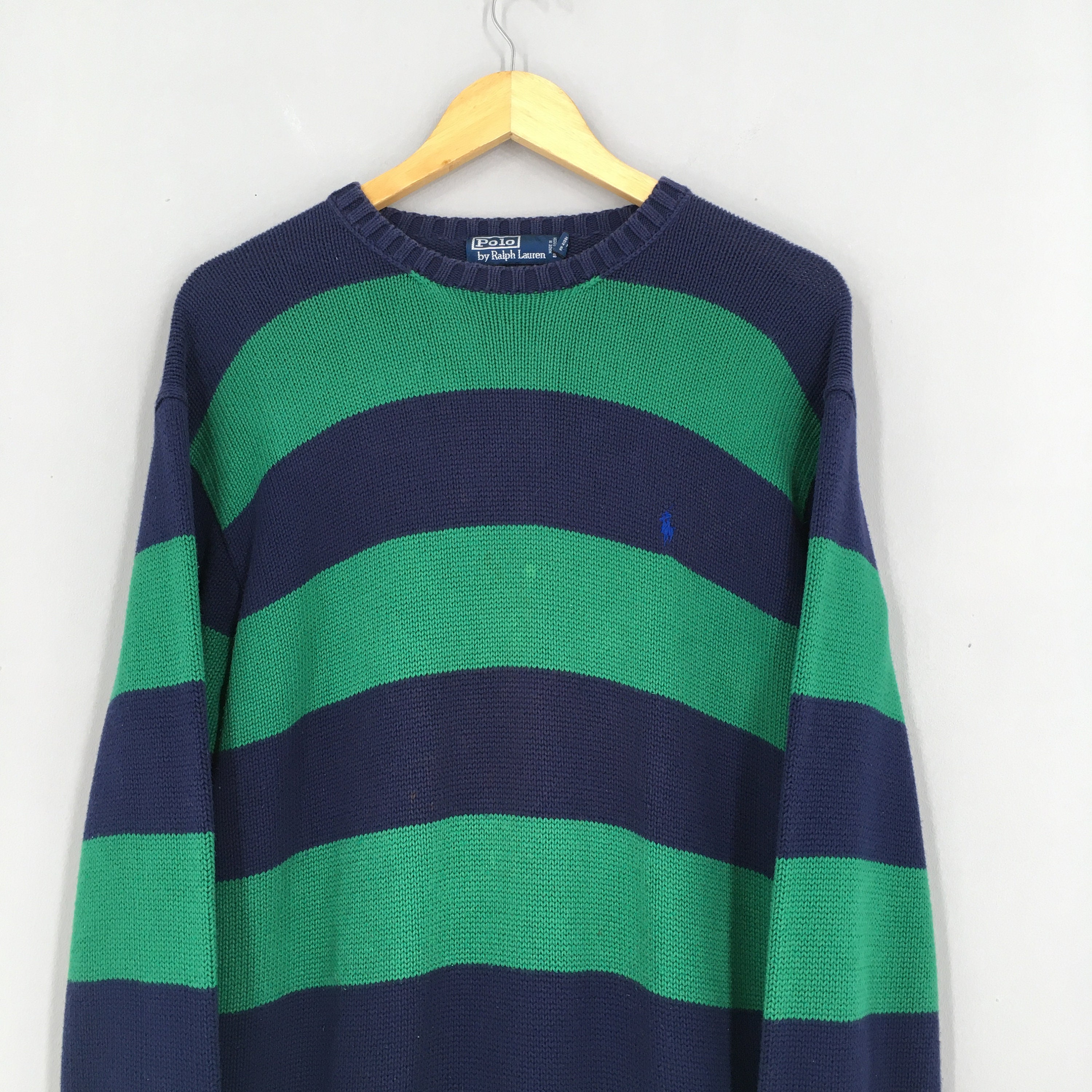 ZygoticVintage Vintage Polo Ralph Lauren Stripes Blue Green Sweatshirt Large 90's Polo Ralph Lauren Pullover Polo Pony Jumper Knitwear Sweater Size L