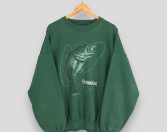 vintage Sportsman poisson bar vie en plein air sweat XXLarge mérou pêche imprimé pull papa pêcheur canne et moulinet pull taille XXL