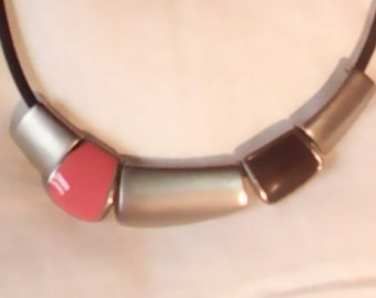 Necklace with black ribbon, black, silver orange