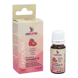 Könnte beinhalten: Eine 10 ml Flasche Erdbeer-Seifen-Duftöl. Die Flasche ist aus braunem Glas mit einem weißen Verschluss. Das Etikett ist weiß mit roten und grünen Akzenten und dem Text "Fruchtiges Seifenduft-Öl" in Schwarz. Der Text "Erdbeere Strawberry Fraise Fragola" steht ebenfalls auf dem Etikett.
