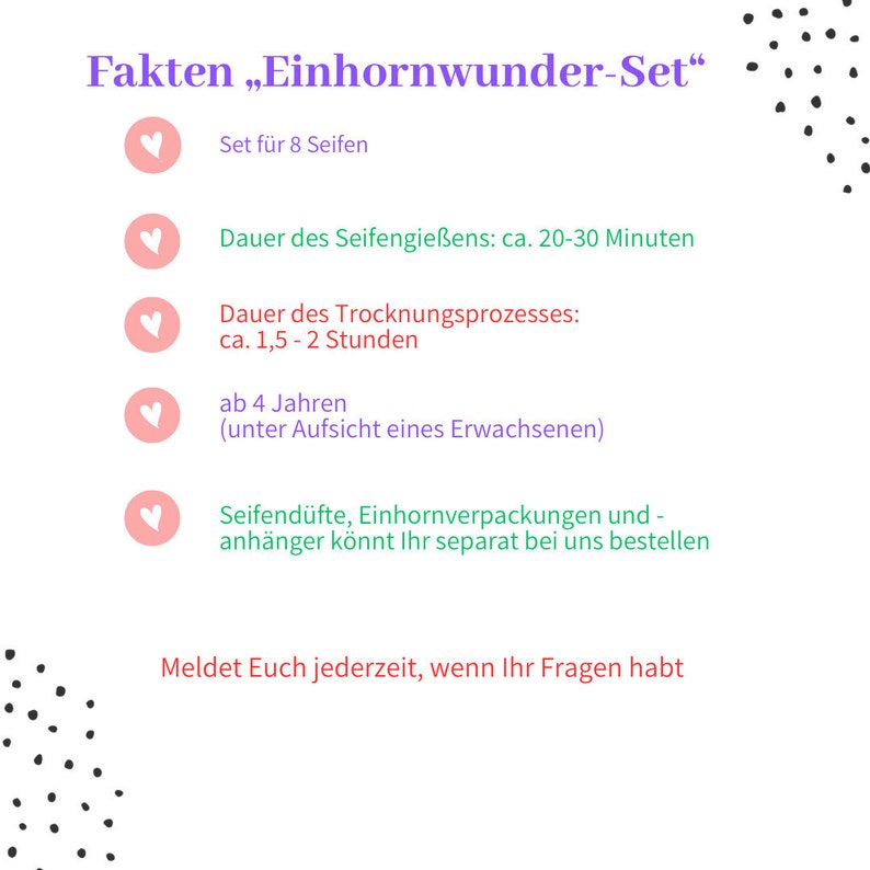May include: A white background with text in German, including "Fakten Einhornwunder-Set". The text describes a set of 8 soaps, the time for soap pouring (20-30 minutes), and drying time (1.5-2 hours). It also mentions age suitability.